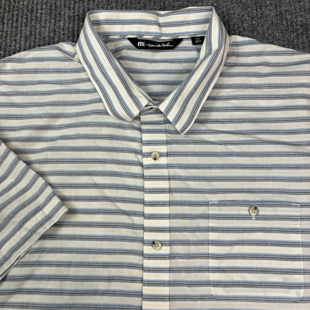 TravisMathew Mens Button Up Short Sleeve Shirt XXXL White Striped Regular Fit